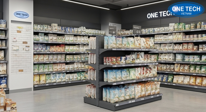 Các mẫu kệ để gạo bền đẹp theo mặt bằng Bộ ảnh 4 mẫu kệ trưng bày gạo phổ biến: áp tường, kệ đôi, bậc thang, kệ đảo