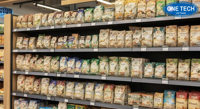 Kệ trưng bày gạo đa tầng hoàn thiện tại Đà Nẵng Bộ kệ trưng bày gạo hoàn thiện có gắn tem giá và nhãn tầng rõ ràng