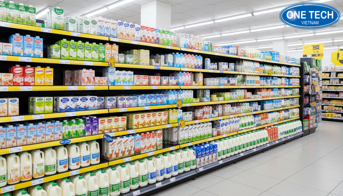 Cách trưng bày sữa trên kệ siêu thị Bố trí sản phẩm sữa trên kệ theo tầng vàng và phân loại rõ ràng