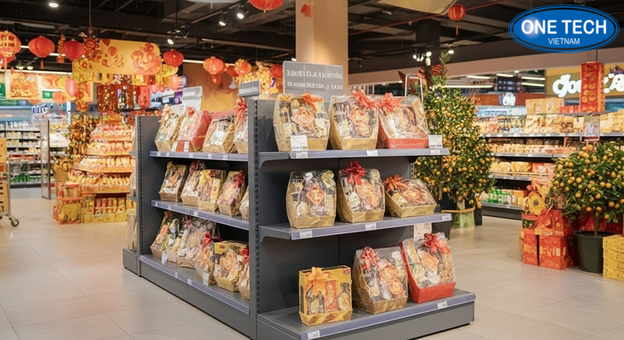 Bố trí kệ trưng bày giỏ quà Tết gần cửa ra vào để thu hút