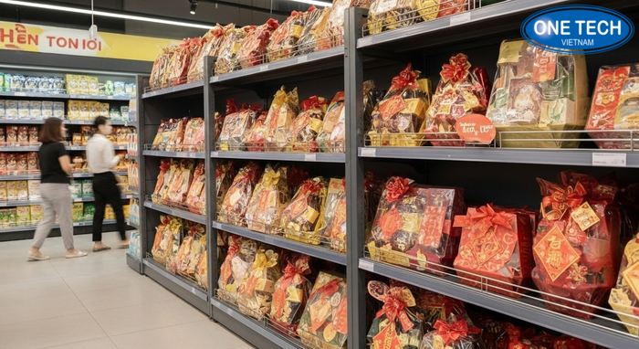 Bố trí kệ trưng bày giỏ quà siêu thị ở khu vực dễ nhìn