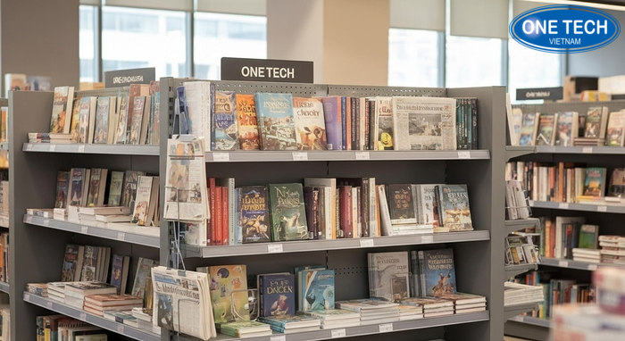 Ví dụ bố trí sách báo theo chủ đề, ưu tiên mặt bìa ở tầng tầm mắt