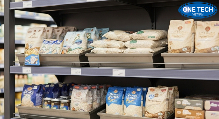 Chi tiết kệ trưng bày gạo sắt sơn tĩnh điện Cận cảnh kệ sắt trưng bày gạo có tem giá và mâm kệ chắc chắn