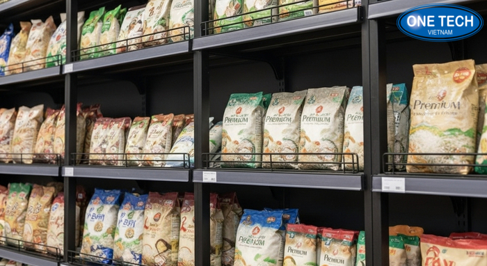 Chi tiết kết cấu kệ sắt trưng bày gạo chịu tải Cận cảnh tăng cứng mâm và khung kệ sơn tĩnh điện