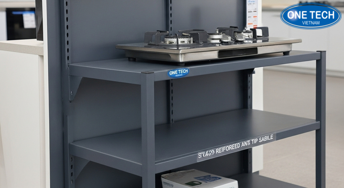 Tiêu chí an toàn của kệ trưng bày bếp gas Chi tiết mặt kệ chống trượt và chân kệ vững chống lật khi trưng bày bếp gas