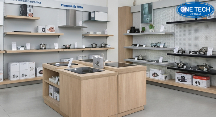 Minh họa phân khúc giá kệ trưng bày bếp từ từ cơ bản đến cao cấp