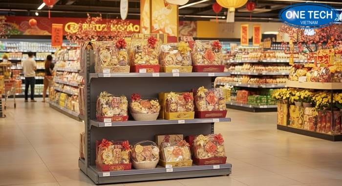 Mẫu kệ 3 tầng trưng bày quà biếu Tết ở lối đi chính