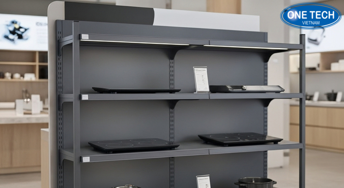 Kệ trưng bày bếp từ tích hợp đèn LED, khung banner và hộc chứa phụ kiện