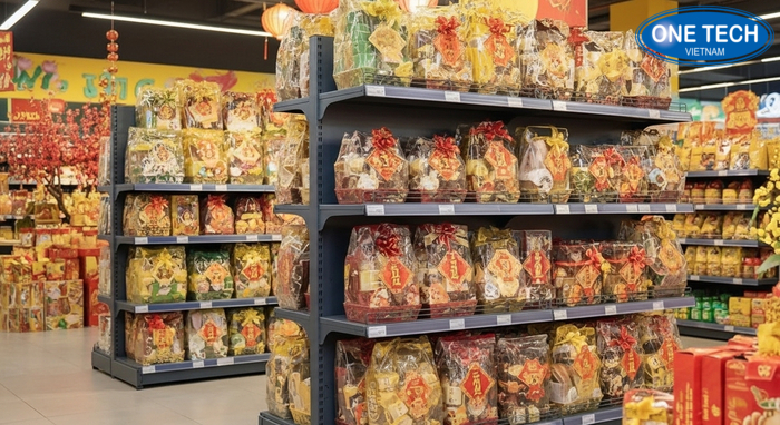 Kệ đa năng trưng bày giỏ quà Tết phong phú theo nhóm giá