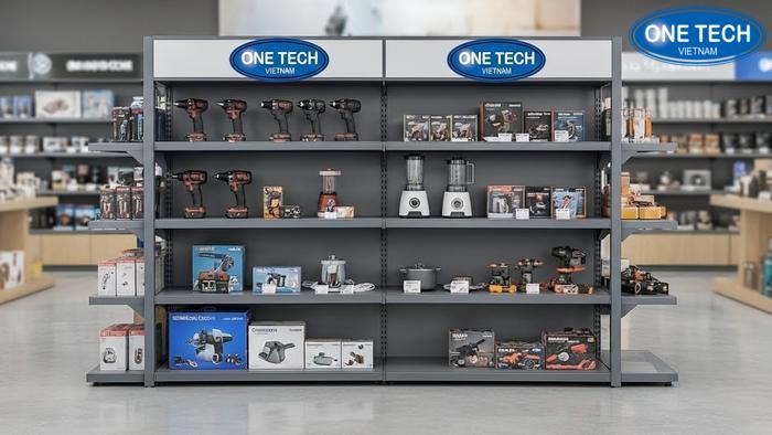 Kệ đôi siêu thị ứng dụng trưng bày máy móc Kệ đôi siêu thị trưng bày các loại máy móc thiết bị điện cơ