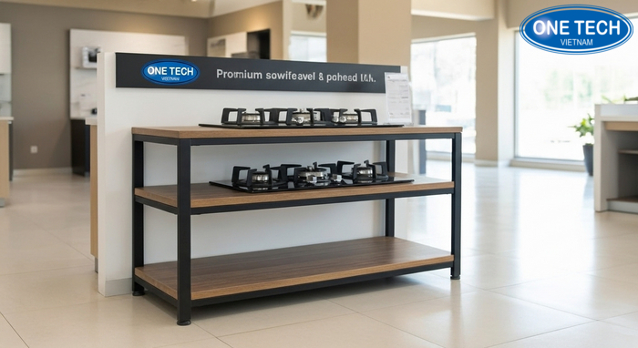 Kệ trưng bày bếp gas kết hợp gỗ kim loại Kệ kết hợp gỗ và kim loại cho showroom thiết bị bếp