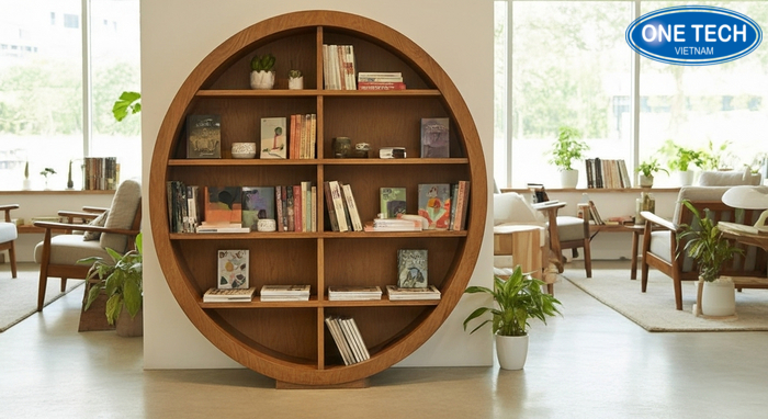 Kệ trưng bày sách báo gỗ tạo cảm giác ấm, phù hợp không gian đọc