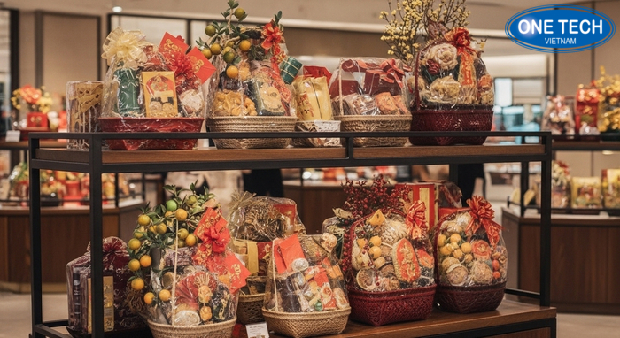 Kệ khung sắt mặt gỗ trưng bày giỏ quà tạo cảm giác sang trọng