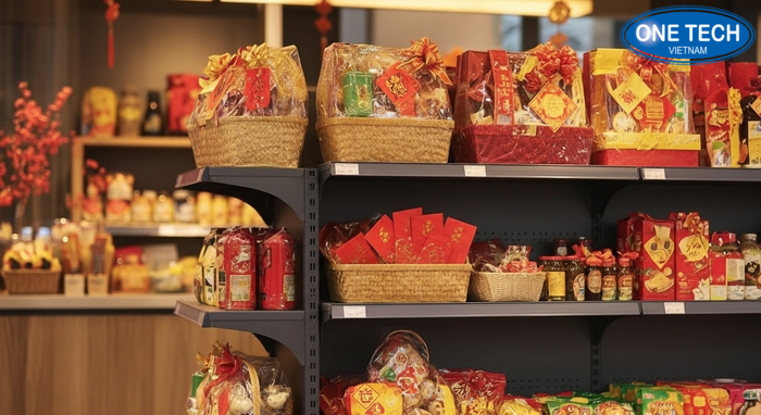 Kệ mini trưng bày quà biếu Tết trong cửa hàng tiện lợi