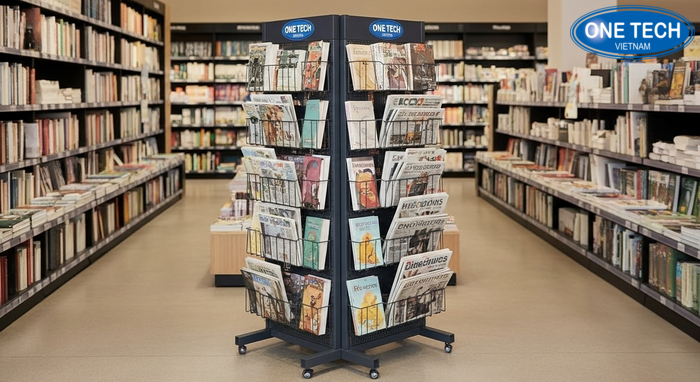 Kệ trưng bày sách báo 2 mặt đặt giữa lối đi giúp tăng gấp đôi diện tích trưng bày