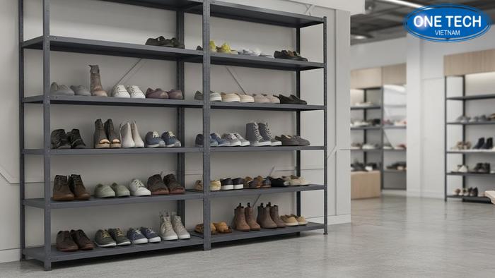 Kệ sắt V lỗ đa năng dùng để kho hoặc trưng bày giày dép