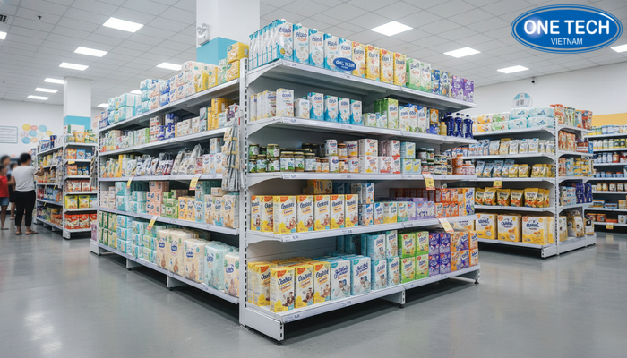 Kệ trưng bày sữa và bán chéo sản phẩm liên quan Kệ sữa kết hợp bán chéo với bỉm tã và đồ ăn dặm