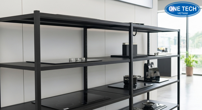 Kệ thiết kế riêng cho bếp từ âm và bếp từ dương, giúp trưng bày đúng chuẩn