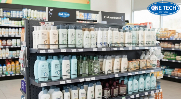 Kệ treo dầu gội dây trong cửa hàng tạp hóa giúp trưng bày gọn và dễ lấy