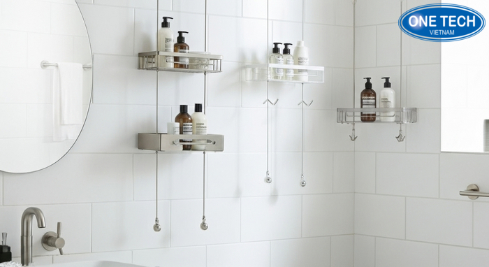 Các mẫu kệ treo dầu gội dây phổ biến bằng inox, nhựa và kệ góc treo tường