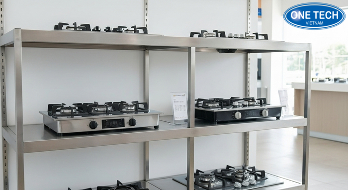 Kệ trưng bày bếp gas inox Kệ trưng bày bếp gas inox bề mặt sáng, dễ vệ sinh