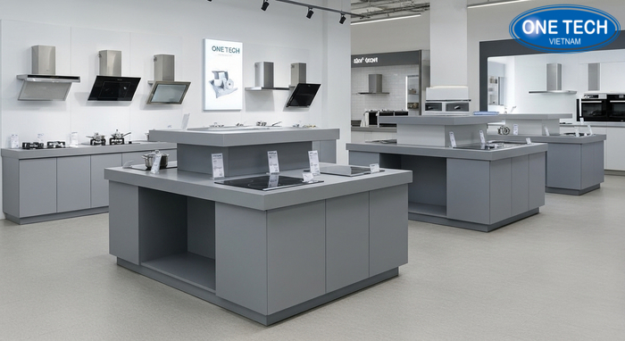 Khu trưng bày bếp từ gọn gàng với kệ chuyên dụng, bố trí lối đi thoáng