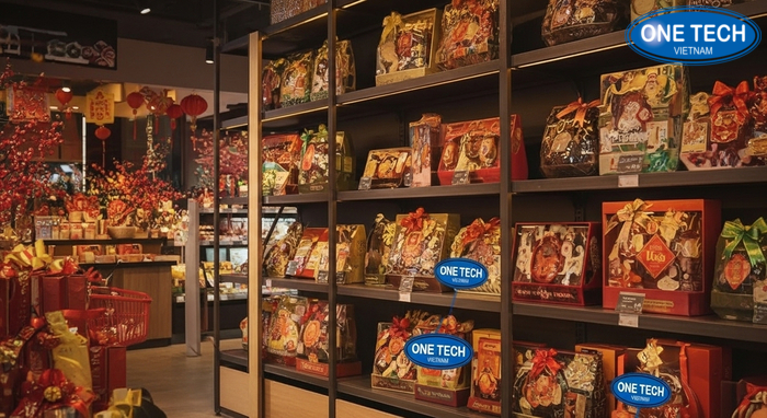 Kệ trưng bày giỏ quà Tết kết hợp đèn LED làm nổi bật sản phẩm