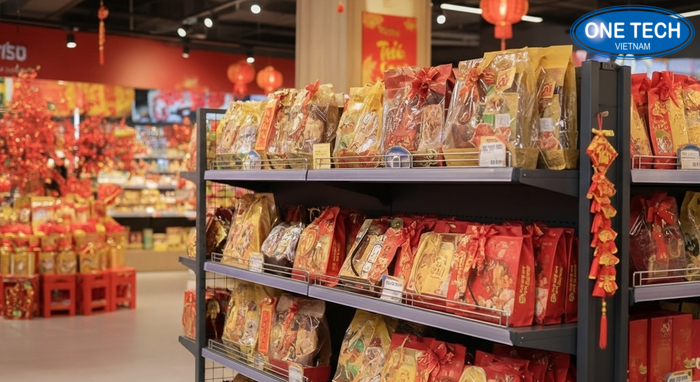 Kệ trưng bày quà biếu Tết tông đỏ vàng nổi bật