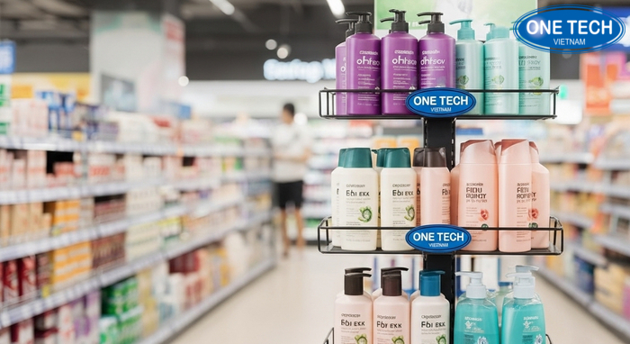 Minh họa vị trí lắp kệ treo tường nhà tắm và kệ treo dầu gội trong cửa hàng