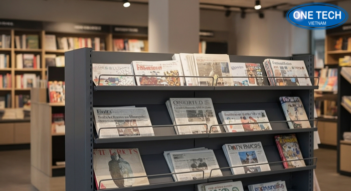 Mẫu kệ khay nghiêng giúp lộ mặt bìa báo tạp chí, dễ lấy và đặt lại