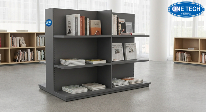 Mẫu kệ trưng bày sách báo tối giản, màu trung tính, dễ phối không gian