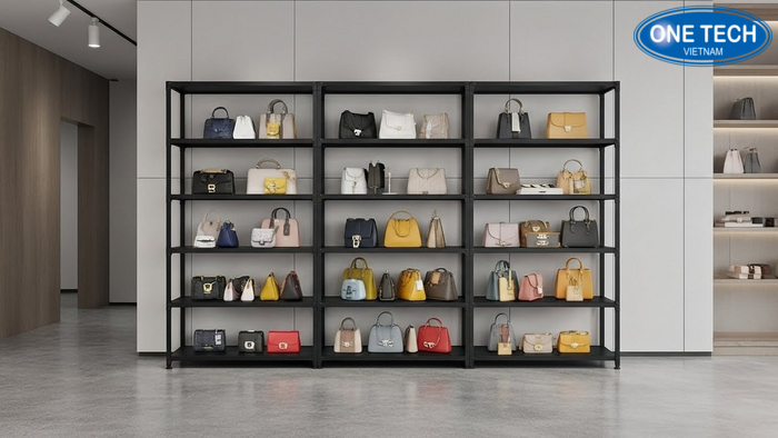 Minh họa độ cao trưng bày và khoảng cách giữa các tầng để túi xách không bị chạm trầy