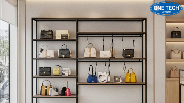 Quy trình 4 bước triển khai kệ trưng bày túi xách gồm tư vấn, thiết kế, sản xuất, lắp đặt