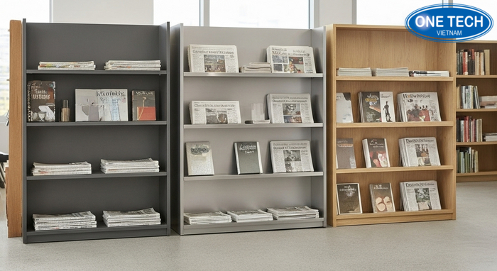 So sánh kệ trưng bày sách báo gỗ inox và sắt sơn tĩnh điện theo độ bền và thẩm mỹ
