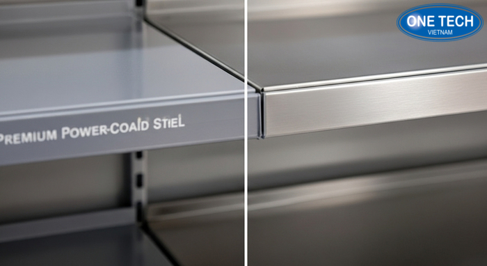 Bề mặt sơn tĩnh điện vs inox trong kệ trưng bày gạo Ảnh soi gần bề mặt sơn tĩnh điện và inox để so sánh vệ sinh