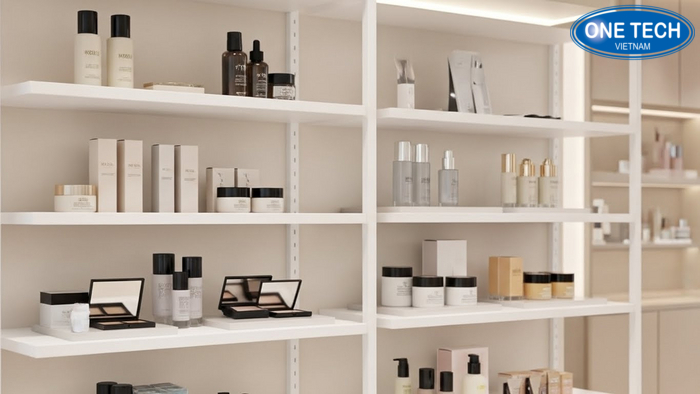 Mẫu kệ mỹ phẩm thiết kế tối giản, hiện đại với tông màu trắng chủ đạo