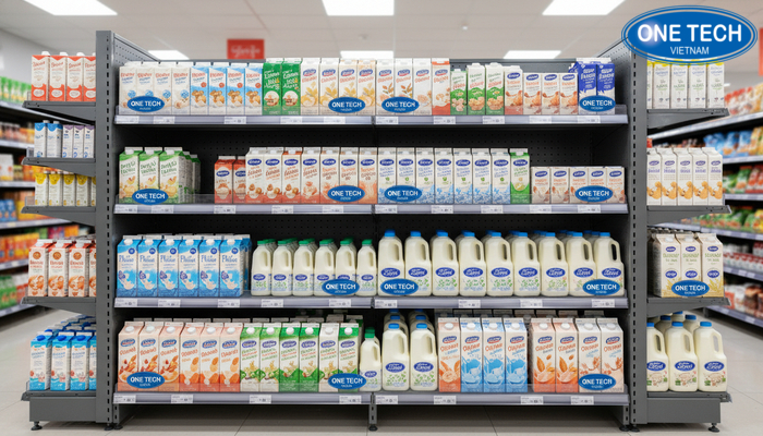 Thiết kế kệ siêu thị trưng bày sữa Thiết kế kệ siêu thị trưng bày sữa có gờ chắn và mâm tầng chắc chắn