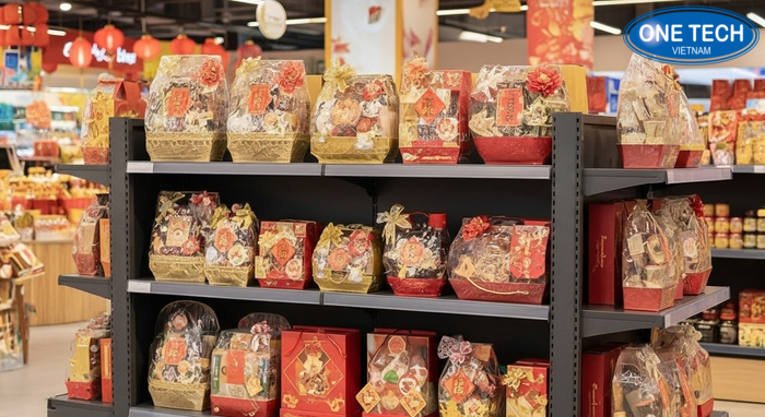 Tiêu chí chọn kệ trưng bày giỏ quà Tết theo kích thước và màu sắc