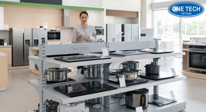 Minh họa kiểm tra tải trọng và độ vững của kệ trưng bày bếp từ