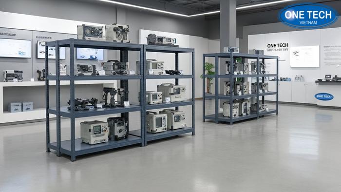 Tổng quan showroom sử dụng kệ trưng bày máy móc chuyên nghiệp Không gian showroom trưng bày máy móc chuyên nghiệp với hệ thống kệ hiện đại