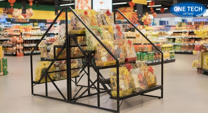 Ụ trưng bày bậc thang cho giỏ quà Tết giúp sản phẩm không che nhau