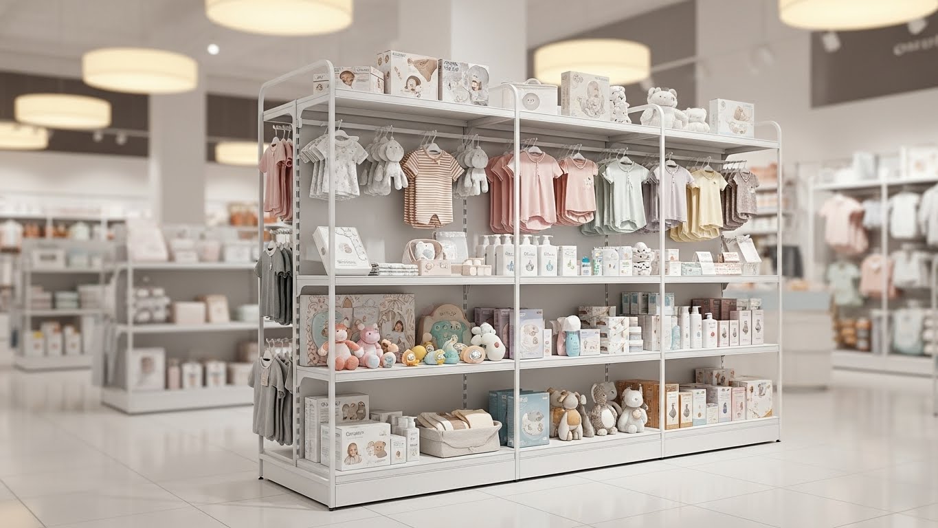 Tổng quan không gian trưng bày đồ sơ sinh hiện đại Không gian cửa hàng mẹ và bé sử dụng kệ trưng bày chuyên nghiệp