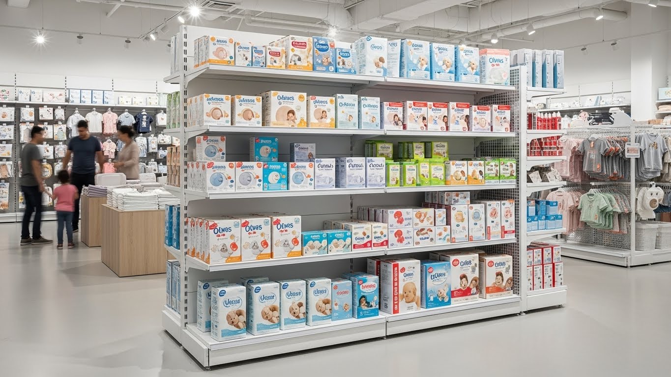 Xu hướng kệ trưng bày đồ sơ sinh hiện đại Cửa hàng mẹ và bé ứng dụng công nghệ trong trưng bày