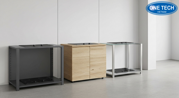 So sánh bề mặt kệ thép sơn tĩnh điện, kệ gỗ công nghiệp và kệ kính cường lực