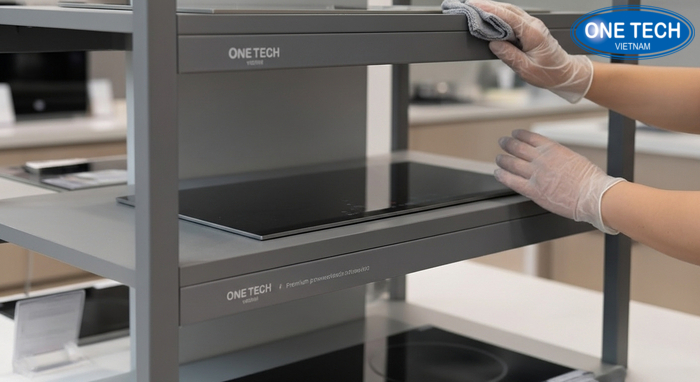 Vệ sinh kệ trưng bày bếp từ bằng khăn mềm, lau theo chiều bề mặt