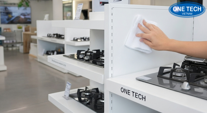 Vệ sinh kệ trưng bày bếp gas Minh họa thao tác vệ sinh kệ trưng bày bếp gas bằng khăn mềm