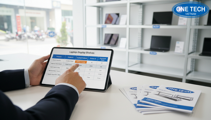 Bảng demo so sánh giá kệ trưng bày laptop và điều kiện bán hàng