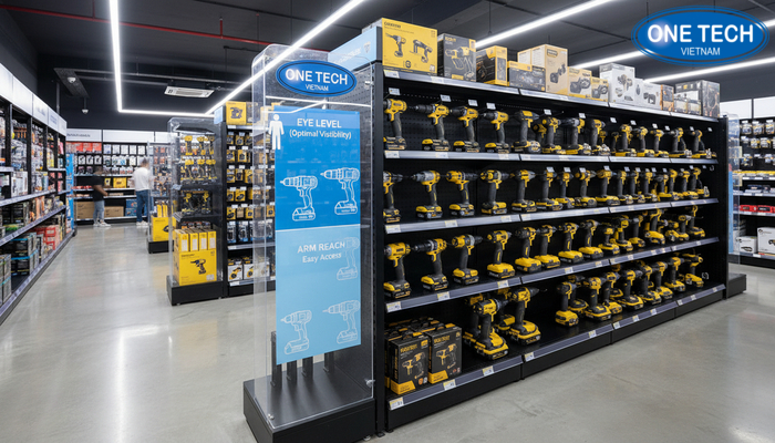 Chiều cao kệ trưng bày máy khoan Biểu đồ gợi ý chiều cao trưng bày máy khoan theo tầm mắt và tầm tay