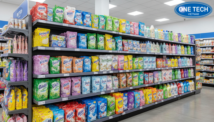 Bố trí kệ trưng bày nước giặt cho cửa hàng nhỏ Ví dụ bố trí kệ trưng bày nước giặt trong cửa hàng nhỏ gọn