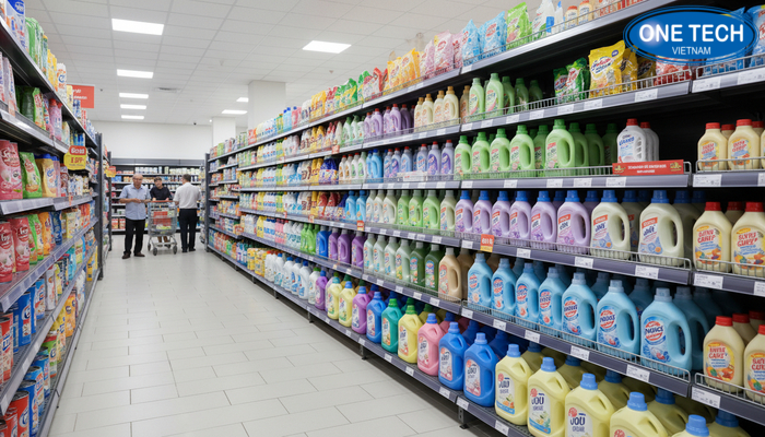 Bố trí kệ trưng bày nước giặt cho siêu thị Ví dụ bố trí kệ trưng bày nước giặt trong siêu thị lớn